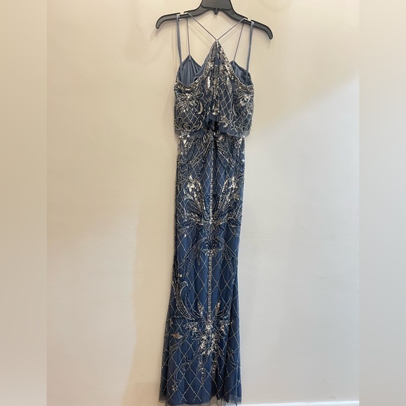 Brand new Aidan Mattox Womens Blue Beaded Off-The-Shoulder Evening Dress Gown - Picture 4 of 8